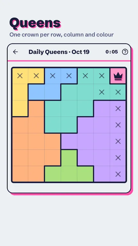 A Queens puzzle board in Pocket Logic